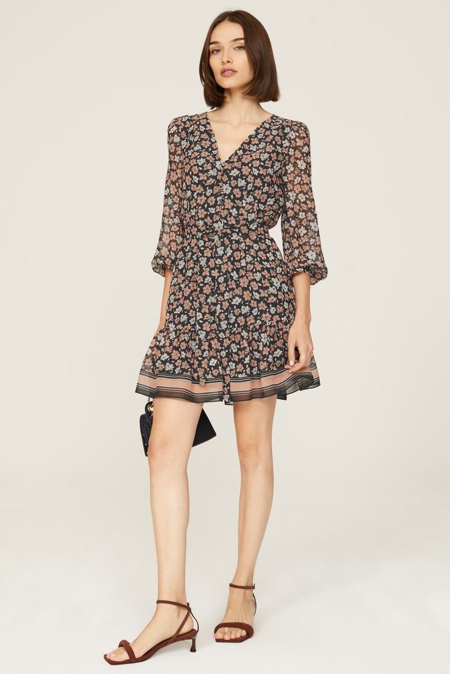 Club Monaco Silk Black Floral Print V-Neck Blouson Long Sleeve Mini Dress Sz 12